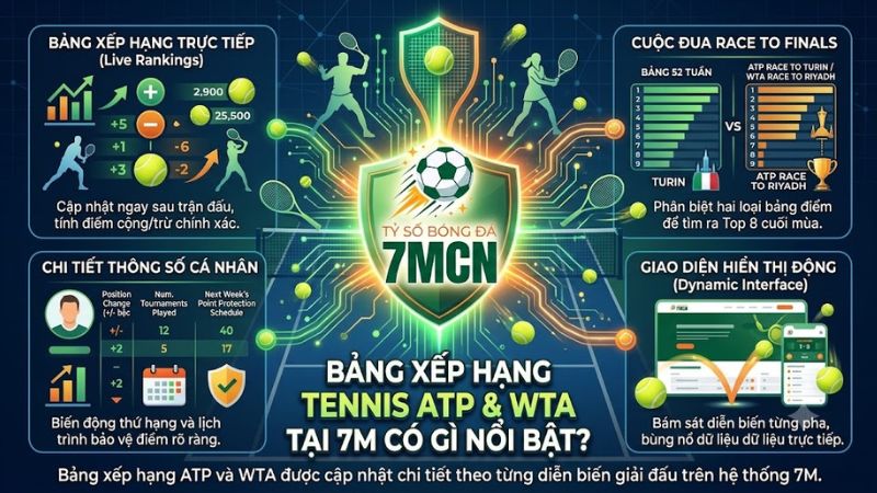 Bảng xếp hạng ATP và WTA được cập nhật chi tiết theo từng diễn biến giải đấu trên hệ thống 7M. Bảng xếp hạng ATP và WTA được cập nhật chi tiết theo từng diễn biến giải đấu trên hệ thống 7M.