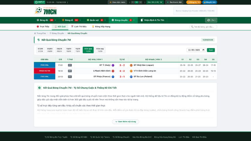 Giao diện bảng tỷ số livescore cập nhật kết quả bóng chuyền trực tuyến theo từng set tại 7m cn Giao diện bảng tỷ số livescore cập nhật kết quả bóng chuyền trực tuyến theo từng set tại 7m cn
