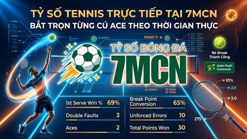 Giao diện xem tỷ số tennis trực tiếp trên 7mcn đầy đủ thông số giao bóng và break point.