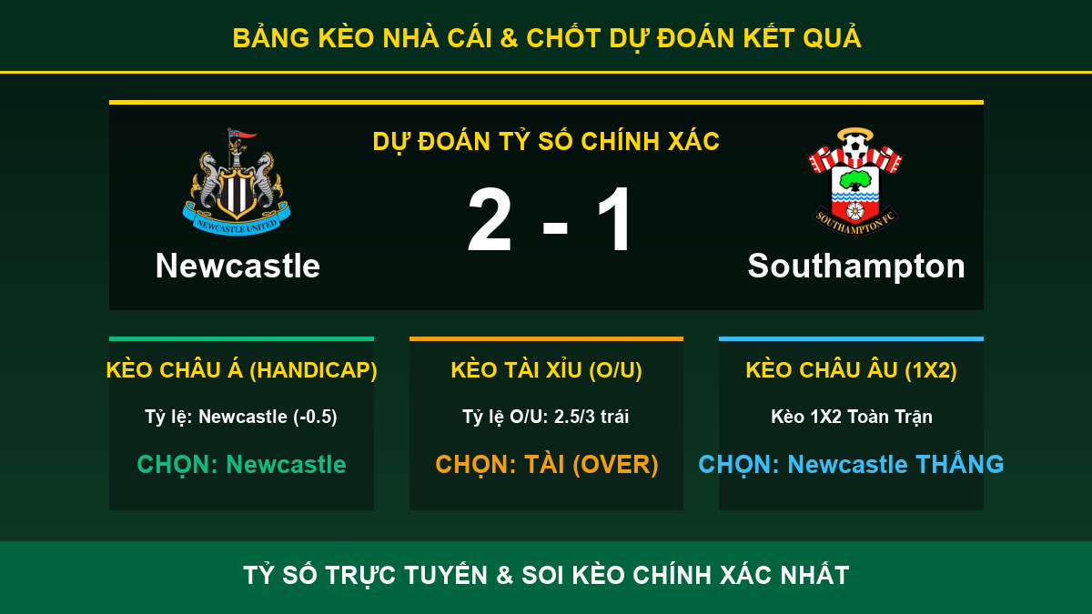 soi kèo 7M trận Newcastle và Southampton - Bảng kèo nhà cái và dự đoán tỷ số